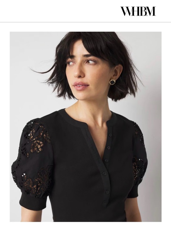 White House Black Market Tops - Black Eyelet Puff Sleeve Henley Top